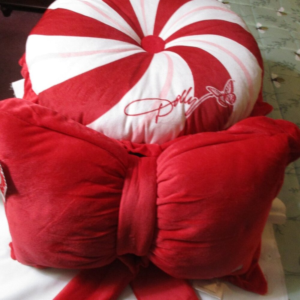 Set of Two DG Dolly Parton Christmas Pillows Peppermint & Bow NWT
